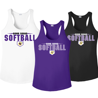 Bomb Squad home plate softball logo Women's PosiCharge Racerback tank shown in White, Iron Grey, Black, and Purple