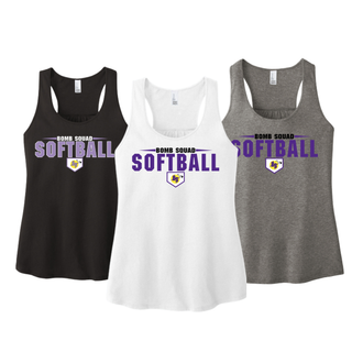 Bomb Squad Home Plate Softball women's racerback tank shown in Black, White, and Grey Frost