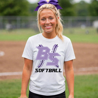 Woman wearing a white Bomb Squad Lace Up Softball top with purple BS monogram and crossed laces