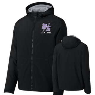 Black Bomb Squad Lace Up Softball waterproof insulated jacket shown from front and back