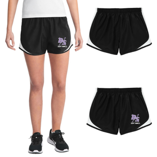 Front, back, and side views of Bomb Squad Lace Up Softball women's Cadence performance shorts