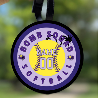 Personalized Bomb Squad softball bag tag with player name and number in purple, black, and white