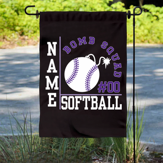 Personalized Bomb Squad softball garden flag with player name and number in purple, black, and white