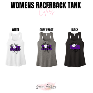 Bomb Squad Purple Softball Logo women's racerback tank color options in White, Grey Frost, and Black