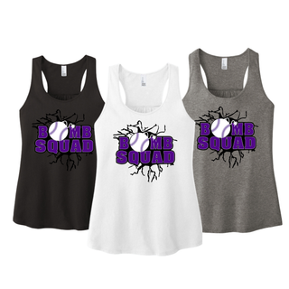 Bomb Squad Purple Softball Logo women's racerback tank shown in Black, White, and Grey Frost