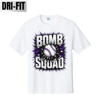 Bomb Squad Shattered Softball design on a white Dri-Fit performance top