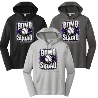 Bomb Squad Shattered Softball performance fleece hoodie color options in black, charcoal, and silver
