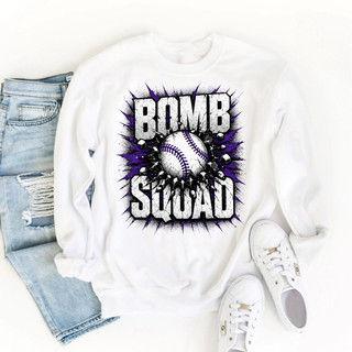 White crewneck featuring distressed Bomb Squad lettering and shattered softball artwork