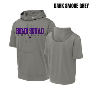 Bomb Squad Softball Fleece Short Sleeve Hooded Pullover in Dark Smoke Grey, front and back