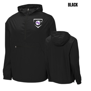 Bomb Squad Softball Home Plate Crest packable anorak jacket in black, front and back