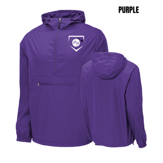Bomb Squad Softball Home Plate Crest packable anorak jacket in purple, front and back