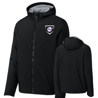 Bomb Squad Softball Home Plate Crest waterproof insulated jacket in black, front and back