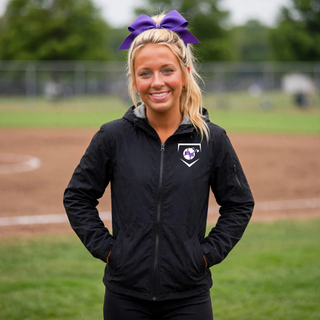 Model wearing Bomb Squad Softball Home Plate Crest waterproof insulated jacket in black