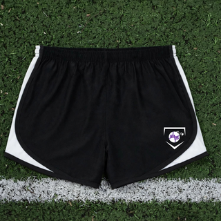 Model wearing Bomb Squad Softball Home Plate Crest women's Cadence performance shorts in black with white trim