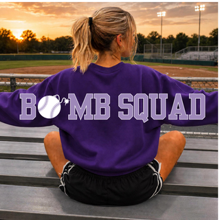 Bomb Squad Softball oversized back print on a purple crewneck, back view
