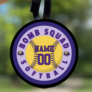 Personalized Bomb Squad softball bag tag with player name and number