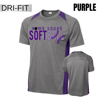 Bomb Squad Softball Split Stitch colorblock contender top in grey heather with purple accents, front and back