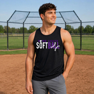 Model wearing Bomb Squad Softball Split Stitch men's PosiCharge Competitor tank in black