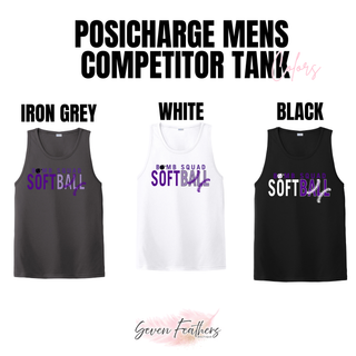 Color swatches for the Bomb Squad Softball Split Stitch men's PosiCharge Competitor tank: Iron Grey, White, Black