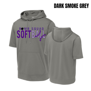 Bomb Squad Softball Split Stitch fleece short sleeve hooded pullover in dark smoke grey, front and back