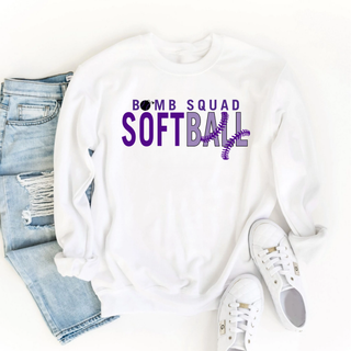 Bomb Squad Softball Split Stitch Top design on a white crewneck