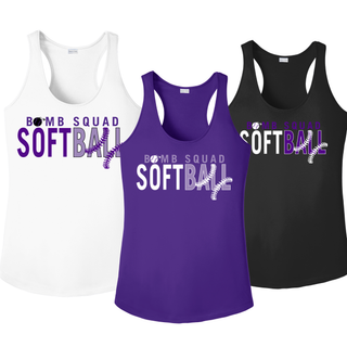 Bomb Squad Softball Split Stitch women's PosiCharge racerback tank in White, Purple, and Black
