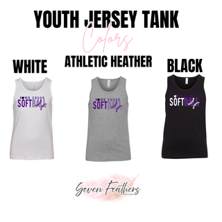 Color swatches for the Bomb Squad Softball Split Stitch youth jersey tank: White, Athletic Heather, Black