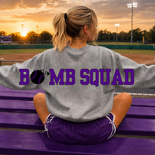 Bomb Squad Softball oversized back print on a sport grey crewneck, back view