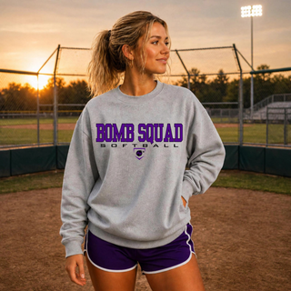 Bomb Squad Softball logo on the front chest of a sport grey crewneck