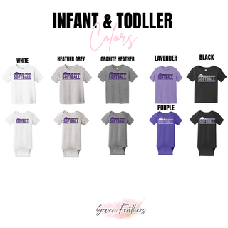 Bomb Squad Softball Underline infant and toddler colors: white, heather grey, granite heather, lavender, black, and purple