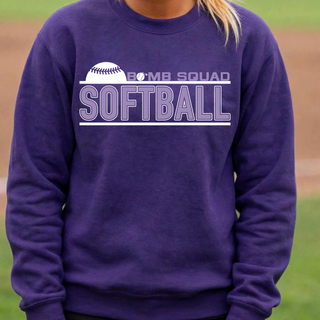 Bomb Squad Softball Underline logo on a purple crewneck sweatshirt