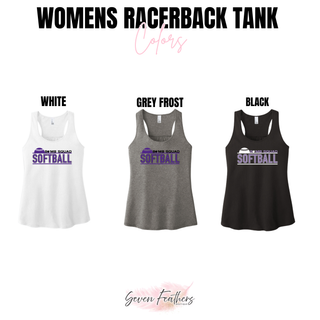 Bomb Squad Softball Underline women's racerback tank color options in White, Grey Frost, and Black