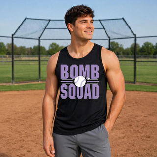 Bomb Squad Softball Varsity Stacked design on a black men's PosiCharge Competitor tank