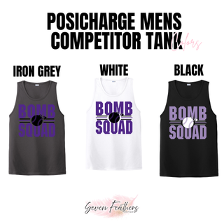 Bomb Squad Softball Varsity Stacked men's PosiCharge Competitor tank in iron grey, white, and black