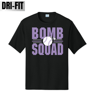 Bomb Squad Softball Varsity Stacked design on a black Dri-Fit performance top