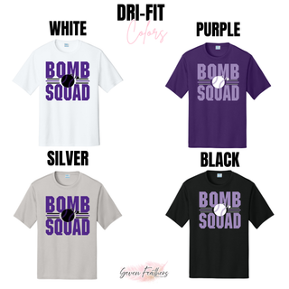 Bomb Squad Softball Varsity Stacked Dri-Fit performance top color options: white, purple, silver, black