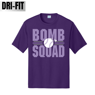 Bomb Squad Softball Varsity Stacked design on a purple Dri-Fit performance top