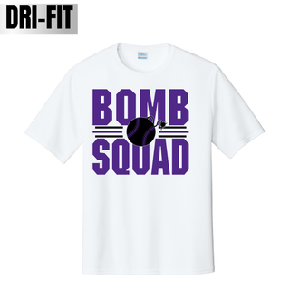 Bomb Squad Softball Varsity Stacked design on a white Dri-Fit performance top