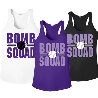 Bomb Squad Softball Varsity Stacked racerback tank in white, black, purple, and iron grey