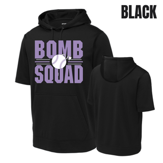 Bomb Squad Softball Varsity Stacked design on a black fleece short sleeve hooded pullover