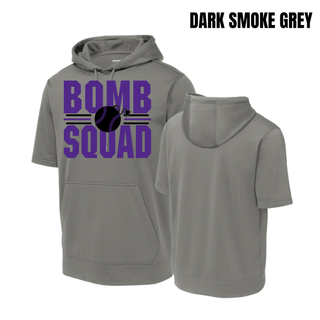 Bomb Squad Softball Varsity Stacked design on a dark smoke grey fleece short sleeve hooded pullover