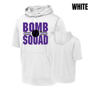Bomb Squad Softball Varsity Stacked design on a white fleece short sleeve hooded pullover