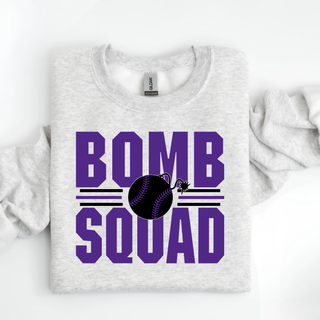 Bomb Squad Softball Varsity Stacked design on a heather grey crewneck