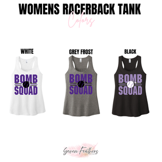 Bomb Squad softball varsity stacked women's racerback tank color options in White, Grey Frost, and Black