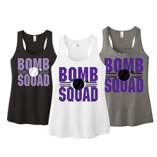 Bomb Squad softball varsity stacked women's racerback tank shown in Black, White, and Grey Frost
