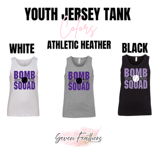 Bomb Squad Softball Varsity Stacked youth jersey tank in white, athletic heather, and black
