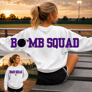 Bomb Squad Softball oversized back print on a white crewneck, back view close-up