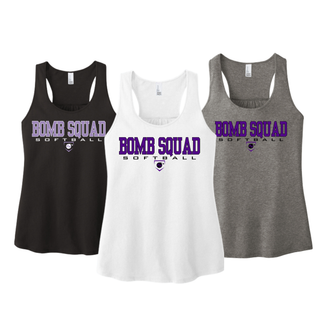 Bomb Squad Softball women's racerback tank shown in Black, White, and Grey Frost