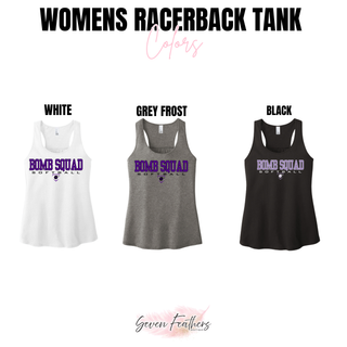 Bomb Squad Softball women's racerback tank color options in White, Grey Frost, and Black