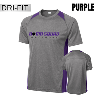 Bomb Squad Velocity Softball artwork on a grey heather and Purple Colorblock Contender Top